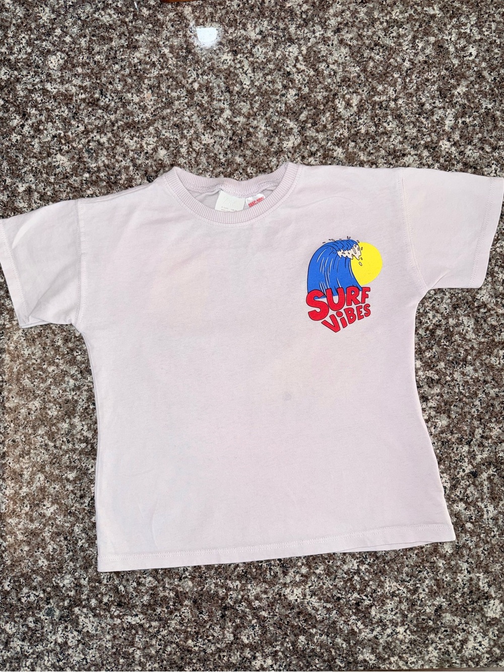 Zara Light Pink 'Surf Vibes' Short Sleeve Tee with Blue & Yellow Graphic